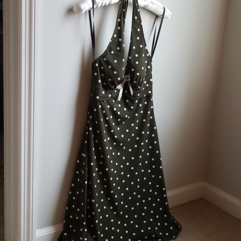 NWT Olive Green White Poka Dot Halter Dress